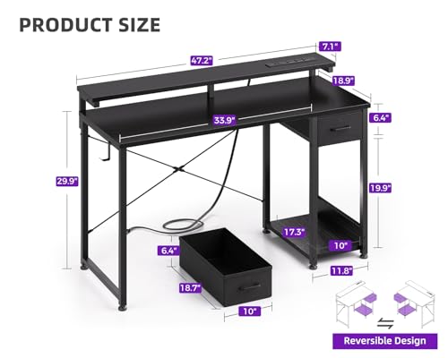 Black 48 Inch Gaming Desk with LED Lights, Power Outlet, Drawer, Monitor Shelf & Headphone Hook Z922355
