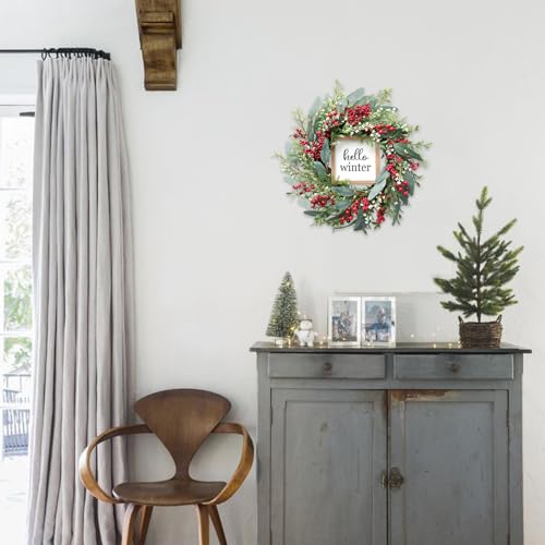 20’’ Red Berries Artificial Leaves Wreath with Hello Winter Sign F940