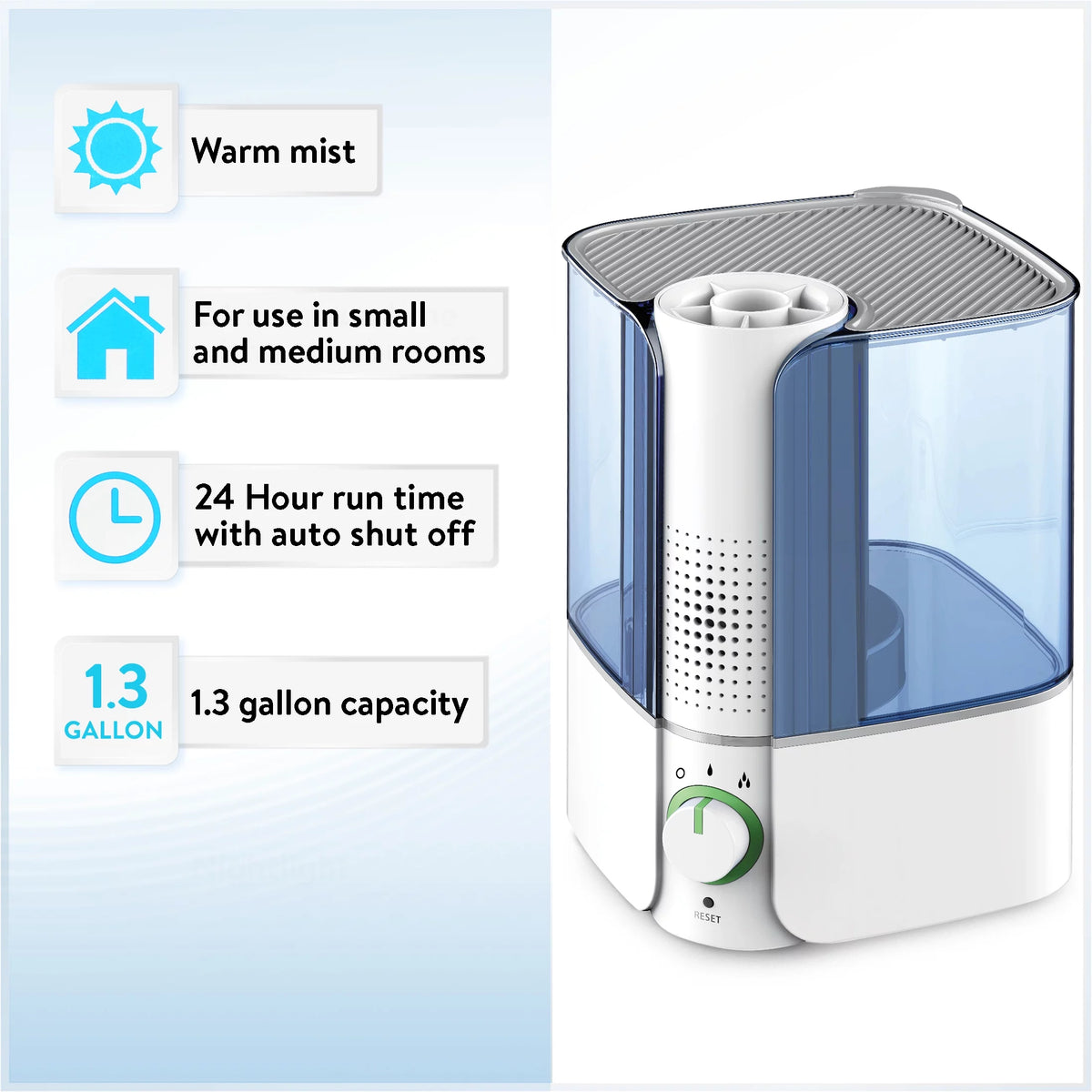 Warm Mist Humidifier, Filter Free, White & Blue, Top Fill, 1.3 Gallon X725918