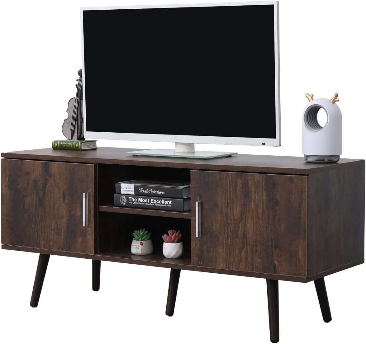 Mid-Century TV Stand with 2 Storage Cabinet and Open Shelf D9000