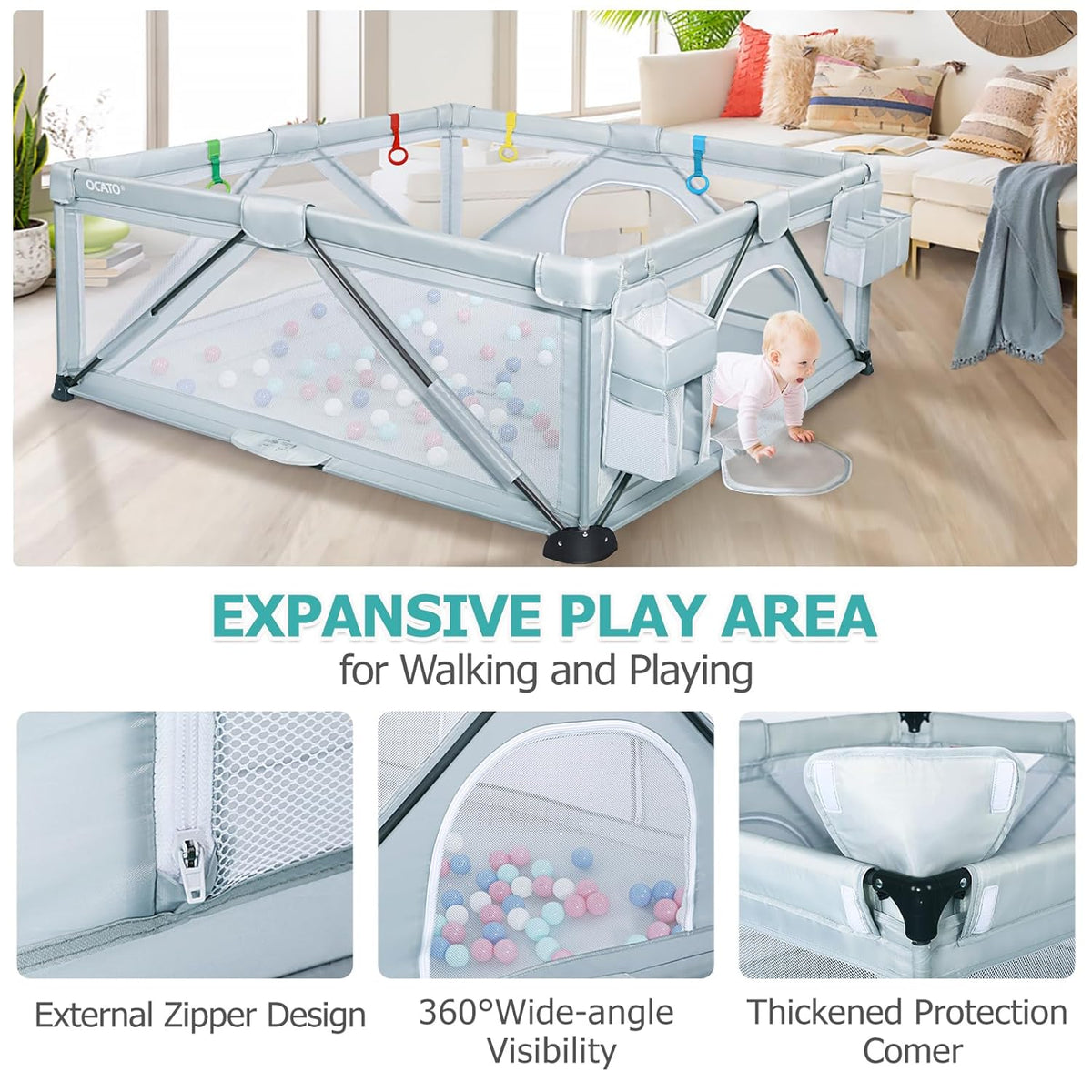 Foldable Large Play Pen with 2 Storage Bags 4 Handlers 50 Balls (71" × 59") T545