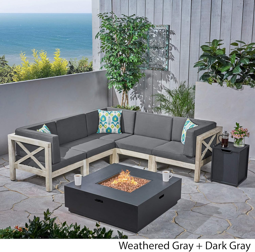 Weathered Gray and Dark Gray Acacia Wood 5 Seater Sectional Sofa Set with Fire Pit Z115