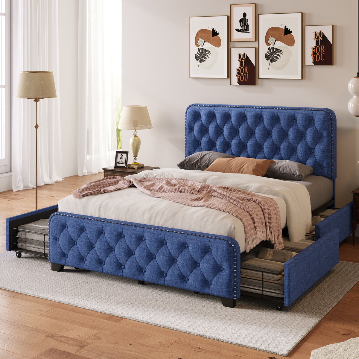 Blue Full Platform Bed Frame with Four Drawers N527