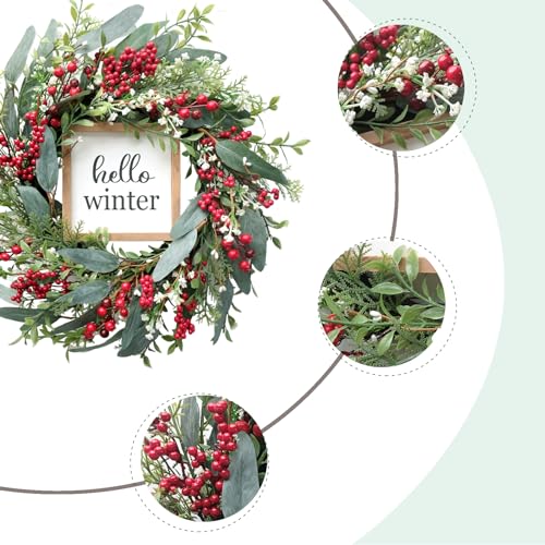 20’’ Red Berries Artificial Leaves Wreath with Hello Winter Sign F940