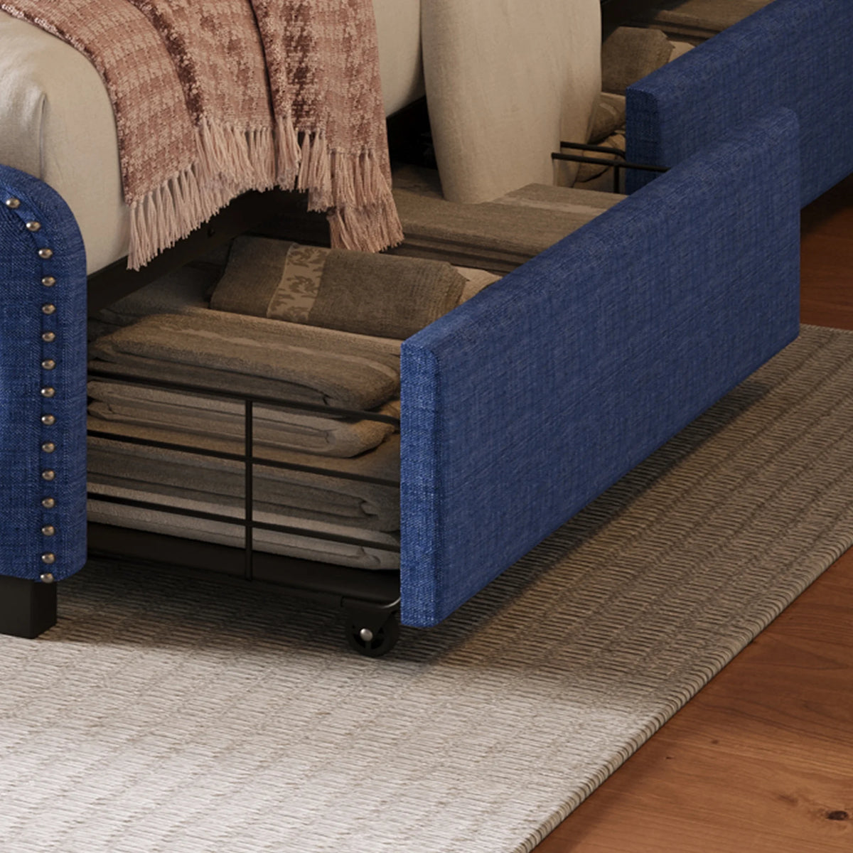 Blue Full Platform Bed Frame with Four Drawers N527