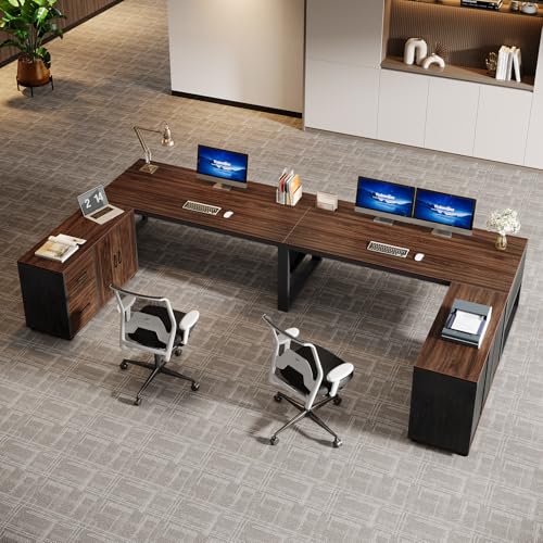 63-Inch L-Shaped Executive Desk with Mobile File Cabinet, Drawers and Storage Shelves, Dark Walnut & Black T3854