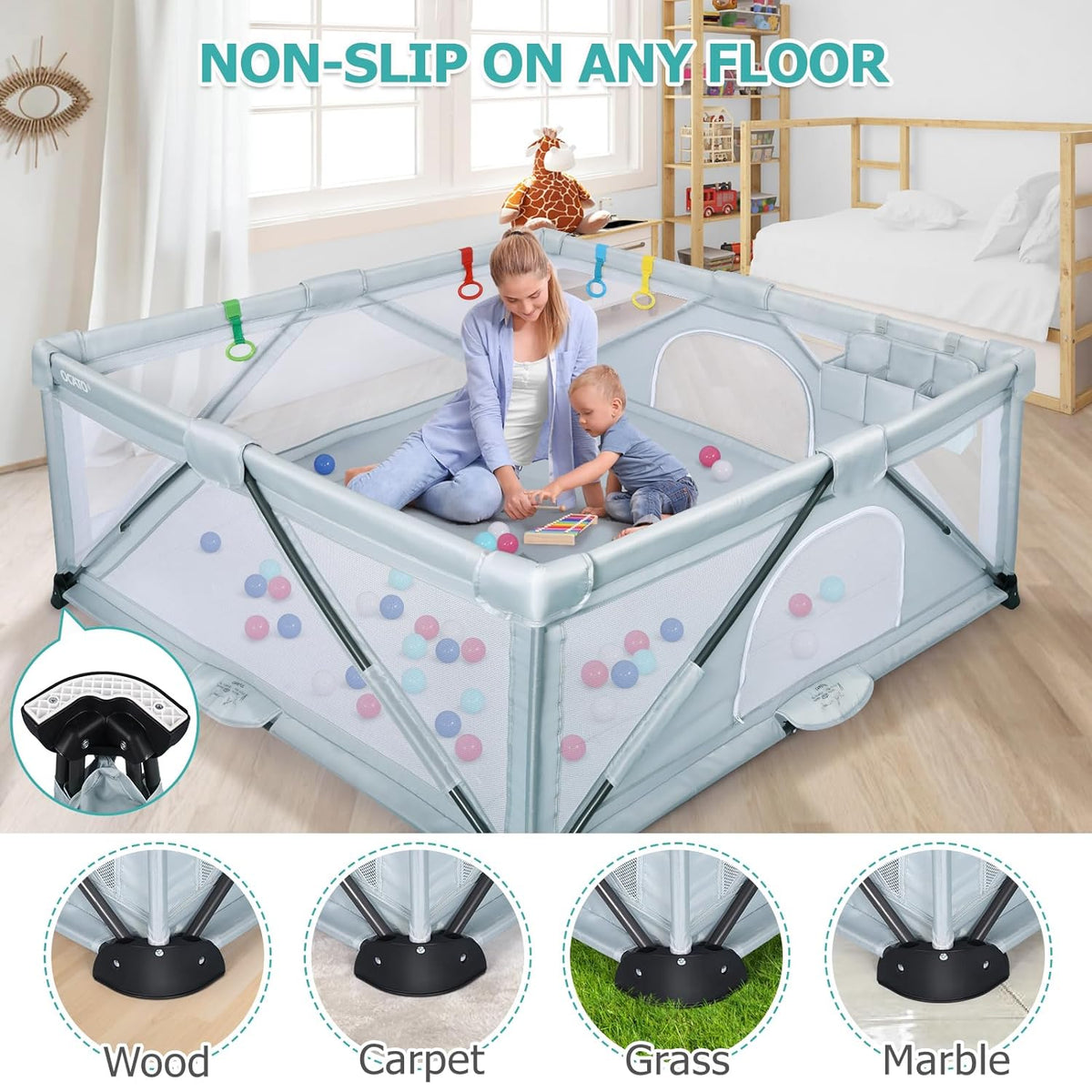 Foldable Large Play Pen with 2 Storage Bags 4 Handlers 50 Balls (71" × 59") T545