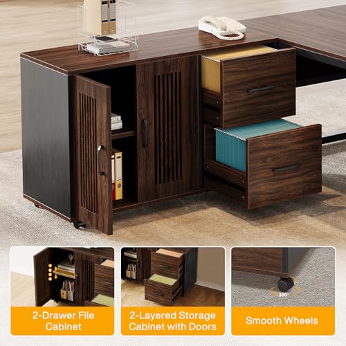 63-Inch L-Shaped Executive Desk with Mobile File Cabinet, Drawers and Storage Shelves, Dark Walnut & Black T3854
