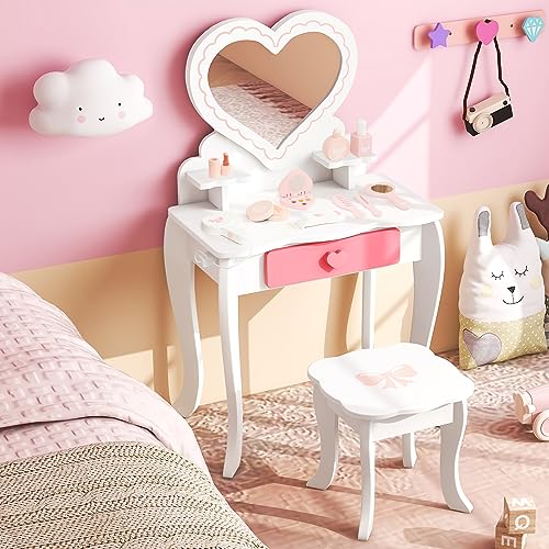 White Kids Vanity Set with Detachable Tri-fold Mirror and Drawer O92350