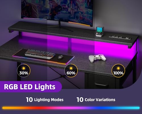 Black 48 Inch Gaming Desk with LED Lights, Power Outlet, Drawer, Monitor Shelf & Headphone Hook Z922355