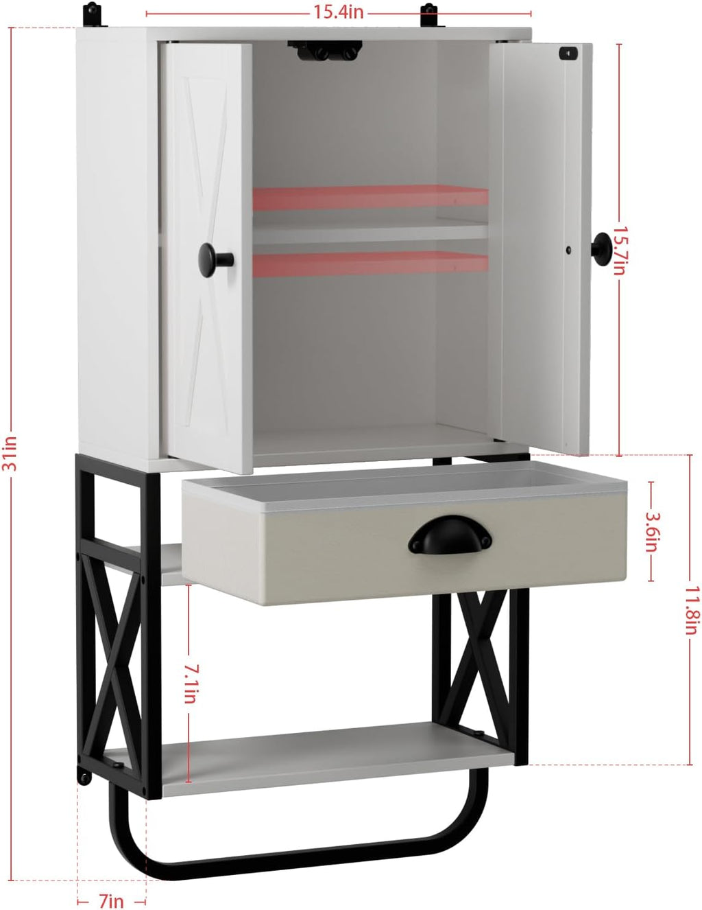 White 3-Tier Wooden Wall Cabinet with 2 Door and Adjustable Shelf L1410