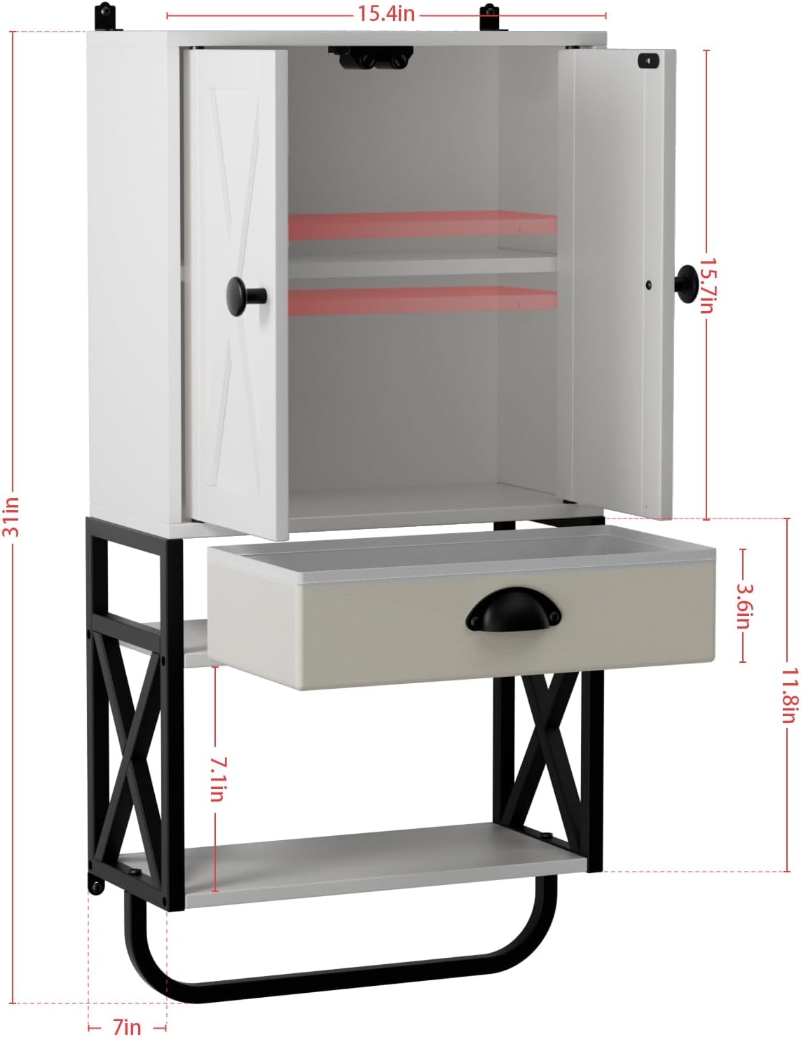White 3-Tier Wooden Wall Cabinet with 2 Door and Adjustable Shelf L1410