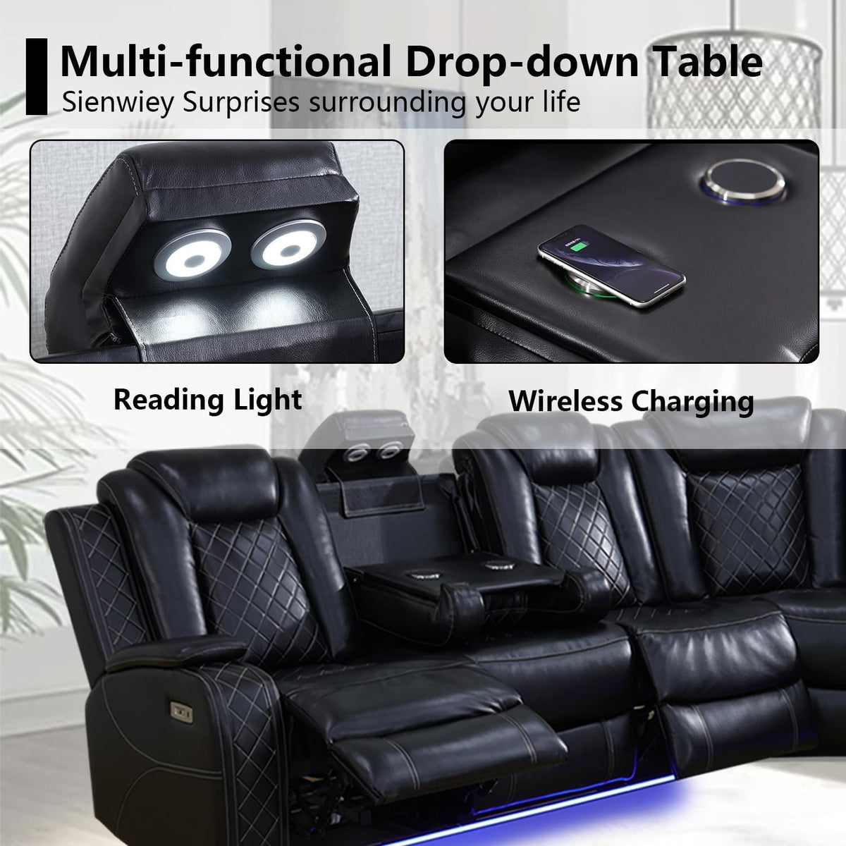 Black Leather Power Reclining Sectional Sofa R34195