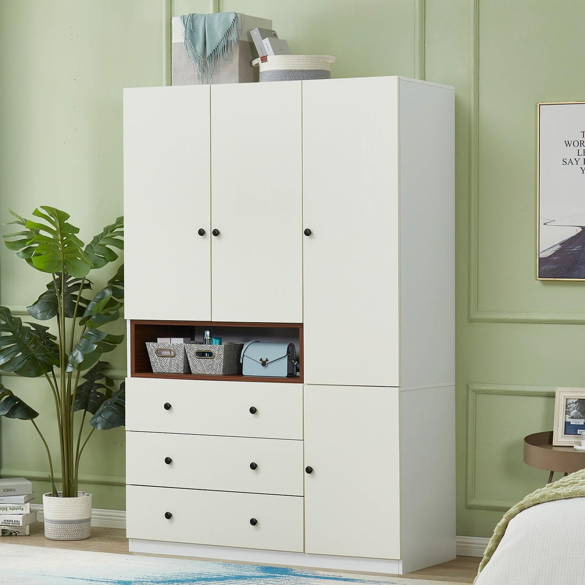 Wooden White 3-Door Armoire Wardrobe Closet with Hanging Rod I842097