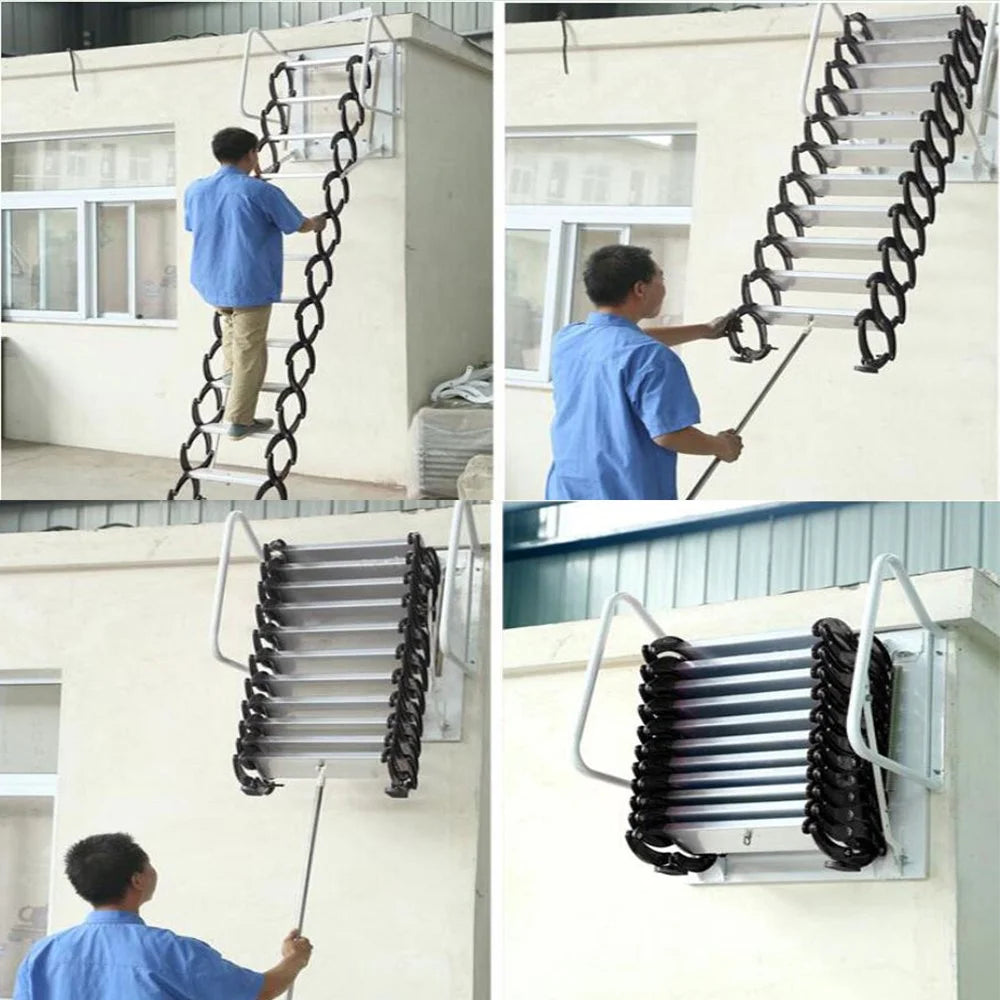 Wall Mounted Attic Loft Ladder Retractable Folding Ceiling Pull Down 9.8ft Height Black Al-Mg Alloy M866