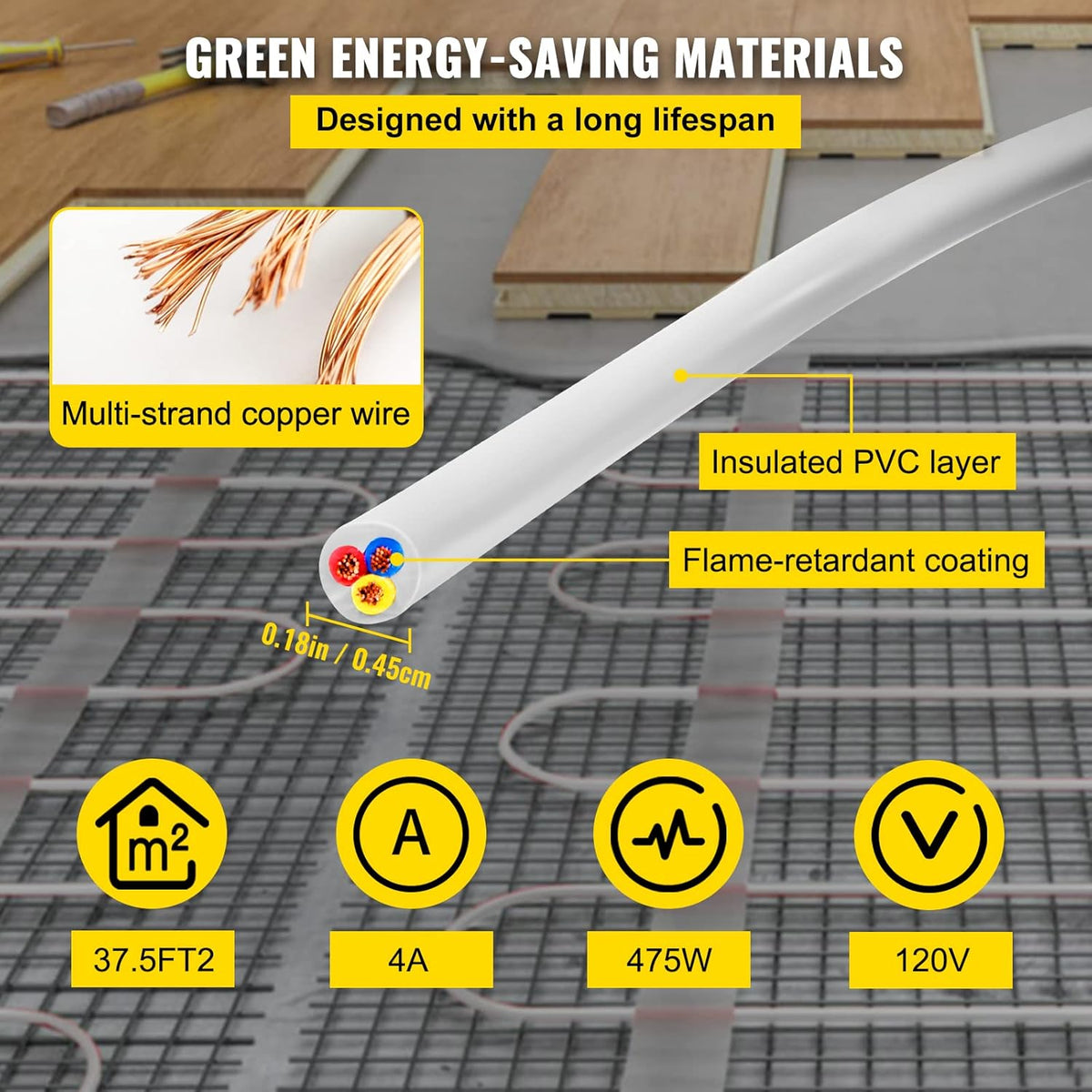 Floor Heating Cable 37.5 Square Feet with Temperature Control Panel U820638