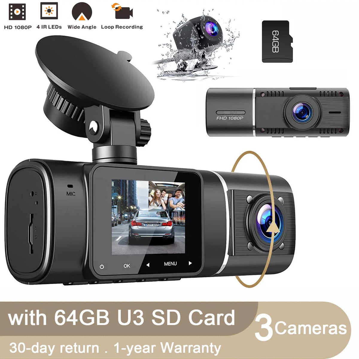 3 Channel 1080P Dash Cam with 64GB SD Card G3232