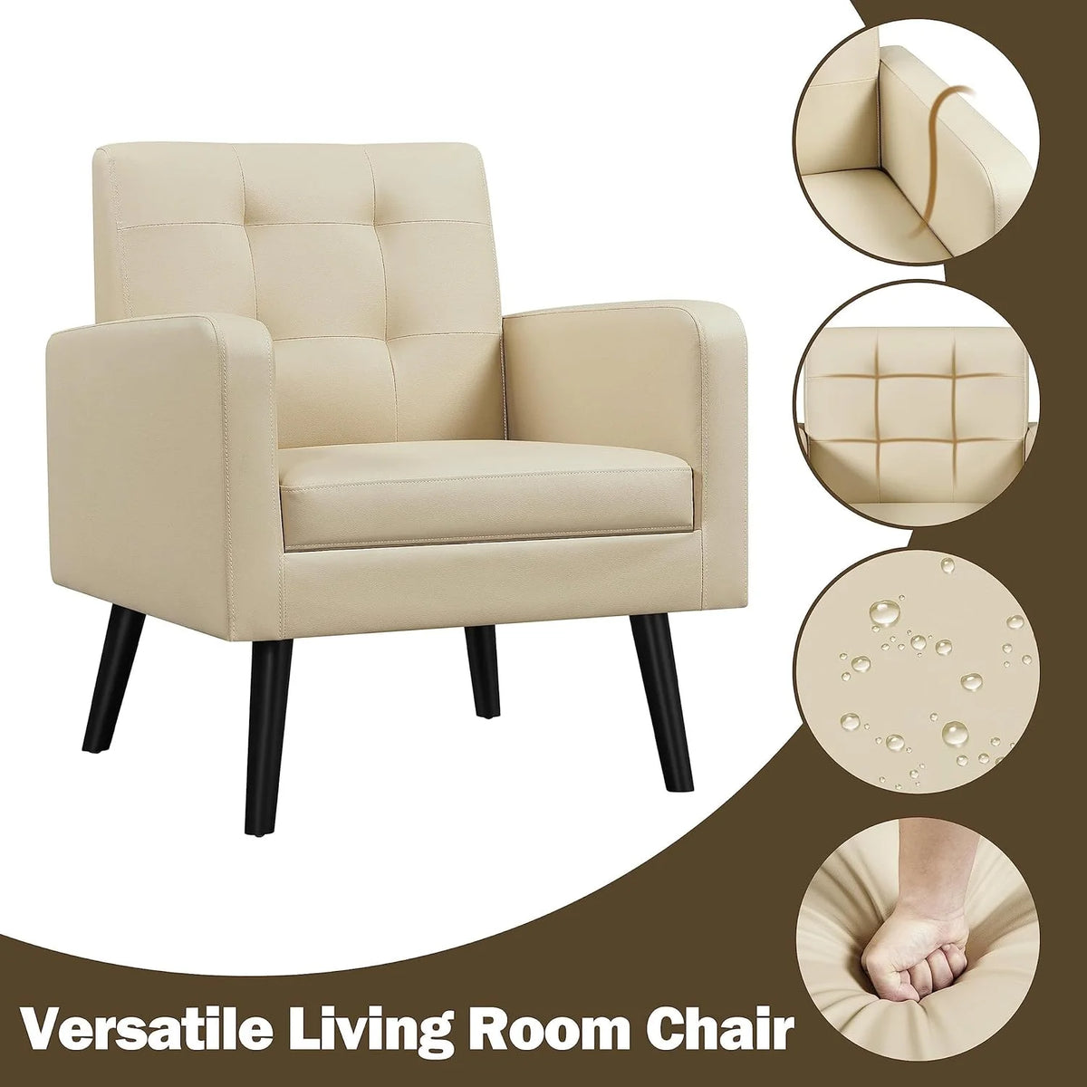 Beige PU Leather Tufted Accent Chair with Wood Legs W425