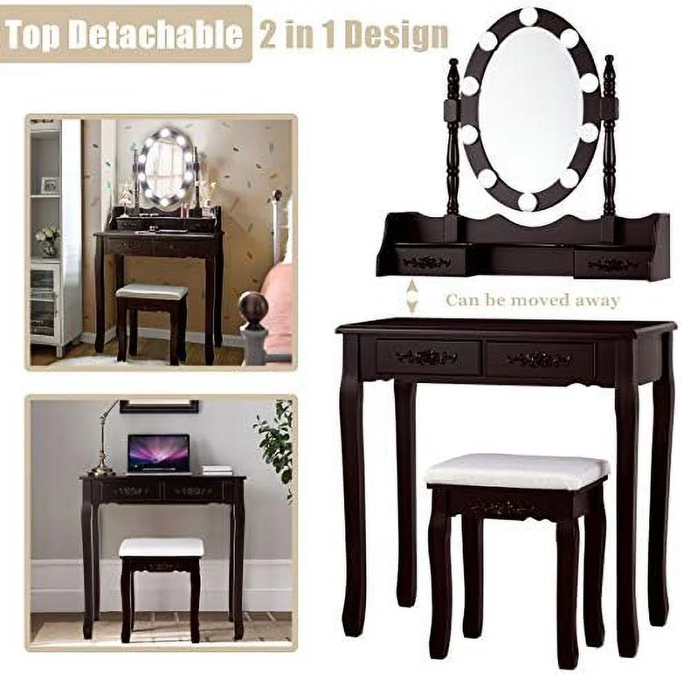 White Vanity Table Set with Lighted Mirror 4 Drawers Cushioned Stool M319225