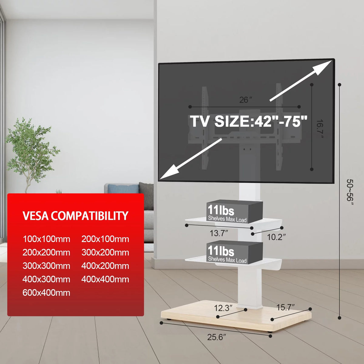 Wooden Base TV Floor Stand with Swivel Mount for 42 - 75 inch TVs A56918