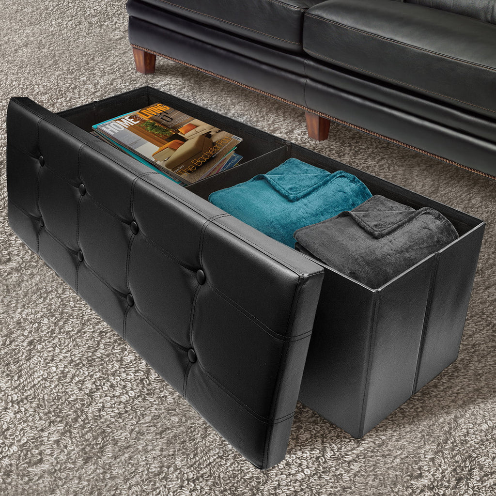 Black Faux Leather Collapsible Storage Bench Ottoman M104835