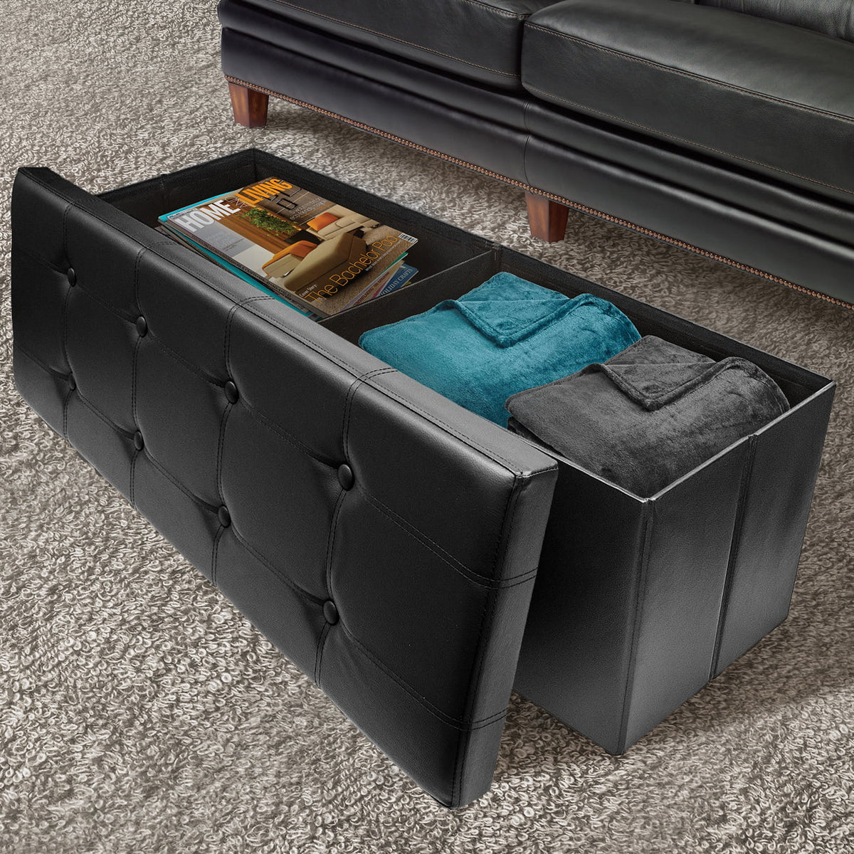 Black Faux Leather Collapsible Storage Bench Ottoman M104835