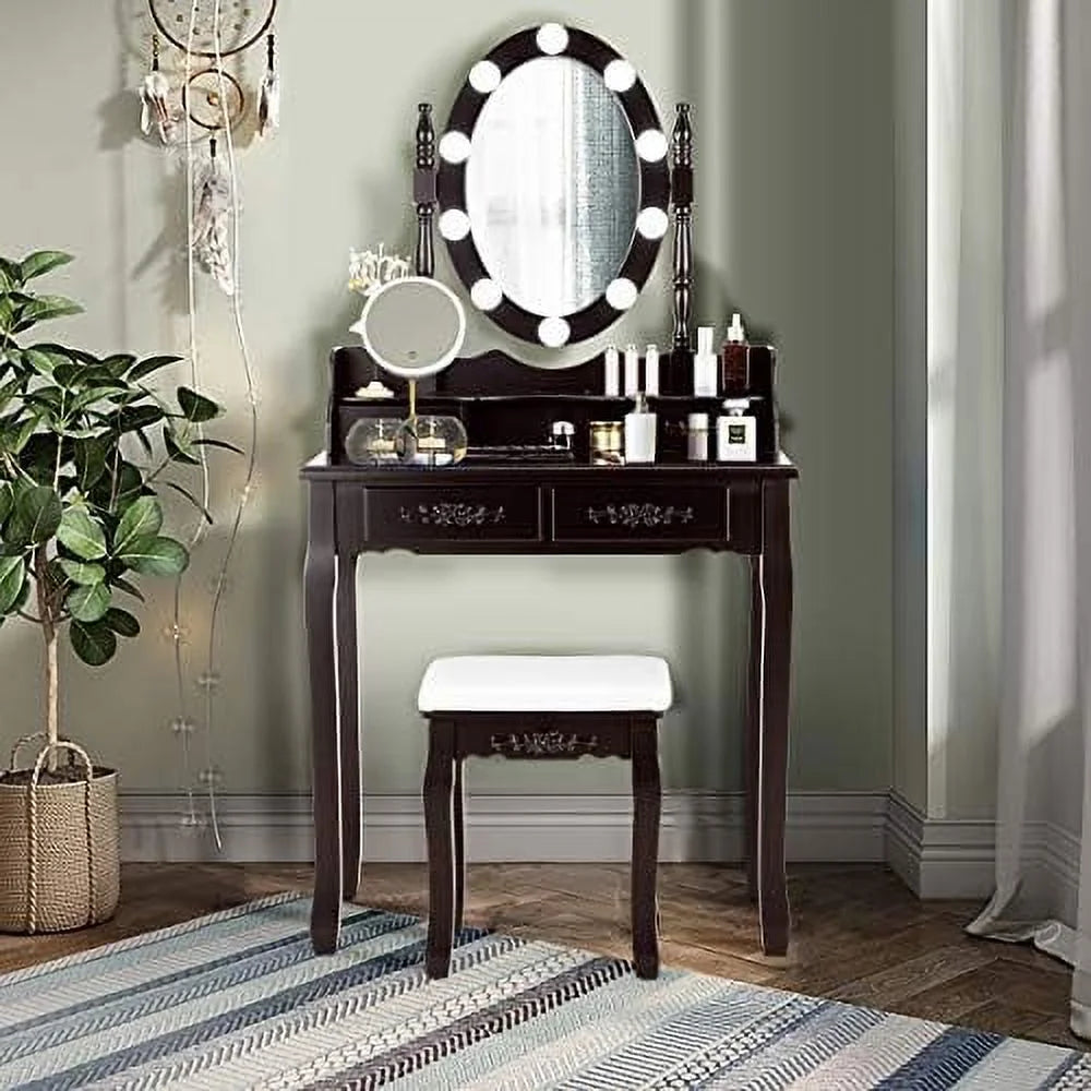 White Vanity Table Set with Lighted Mirror 4 Drawers Cushioned Stool M319225