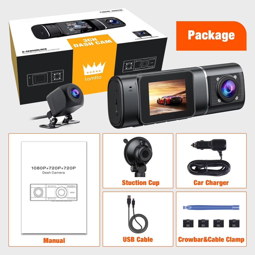 3 Channel 1080P Dash Cam with 64GB SD Card G3232