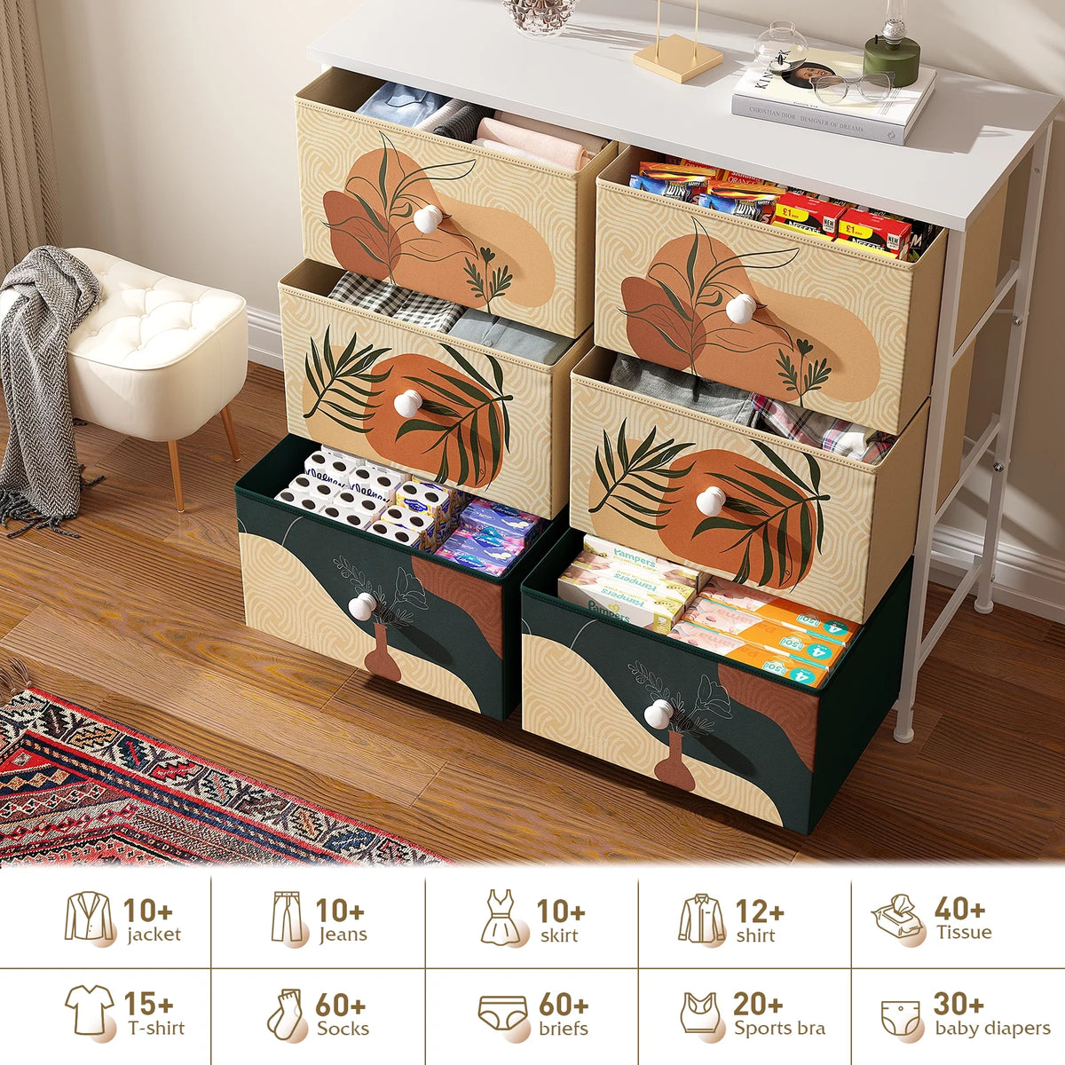 9 Drawer Dresser with Fabric Drawers & Wooden Top O36002