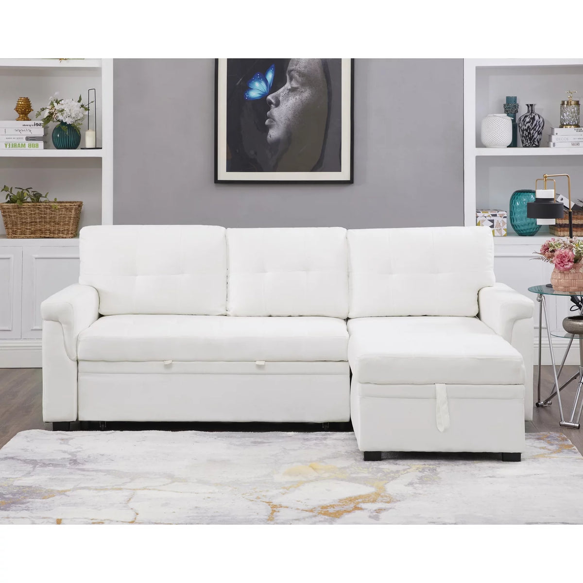 White Velvet L-Shaped Sleeper Sofa E869761