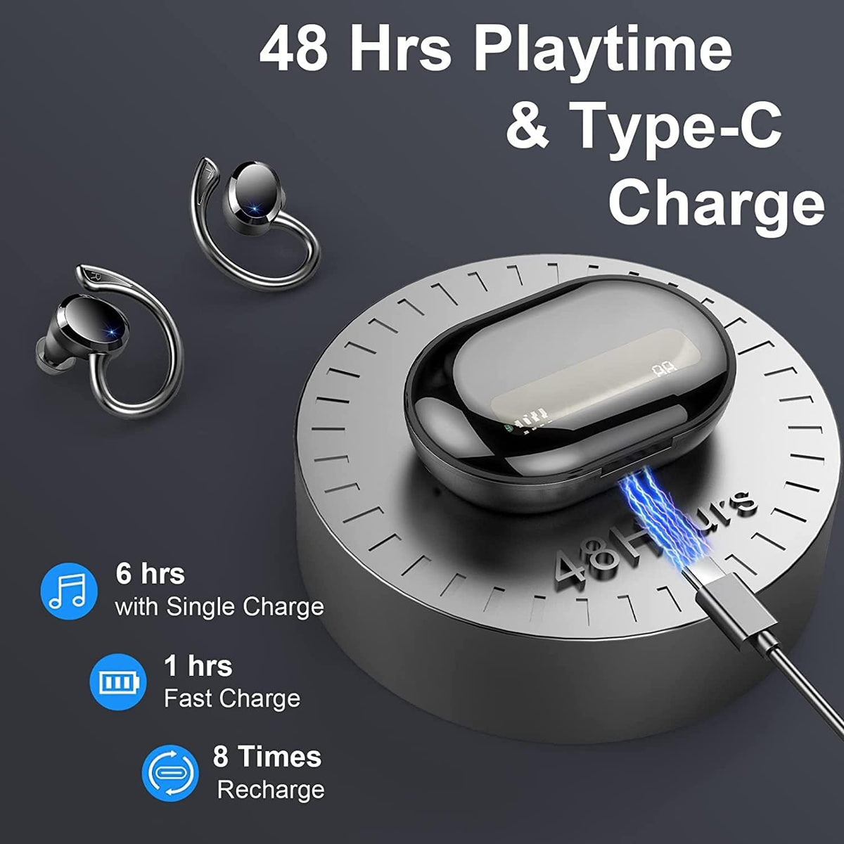 Wireless Bluetooth 5.1 Earbuds with Earhooks, IP7 Waterproof, 48H Playtime, Pack of 2 U177237