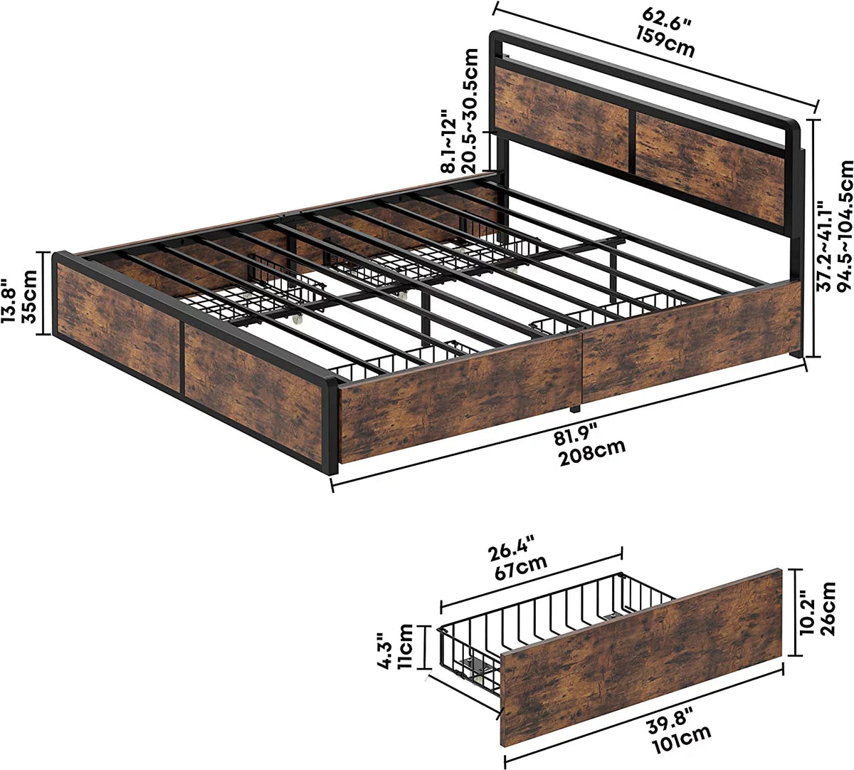 Queen Storage Bed Frame with Adjustable Headboard and 4 Drawers S127164
