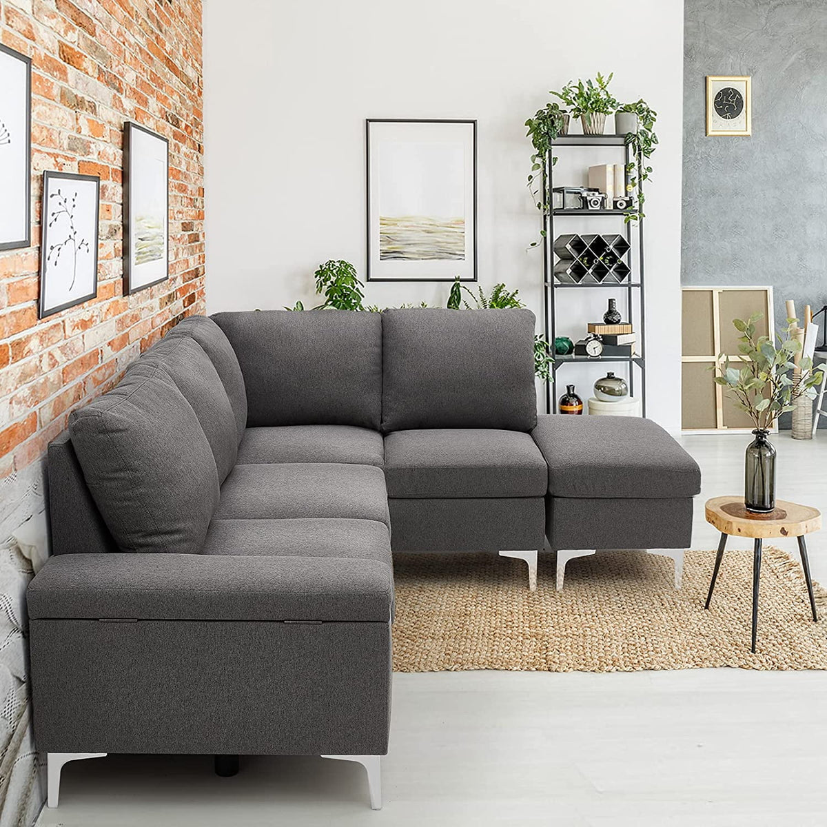 85.5" Right Facing Sectional Sofa with Ottoman in Gray E929
