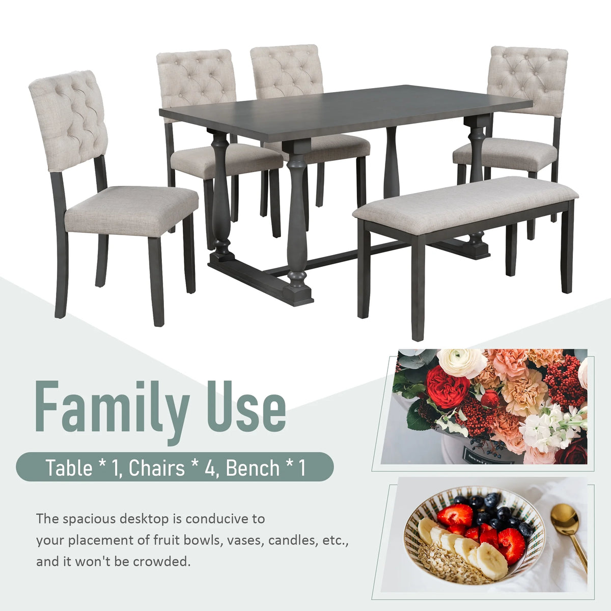 Rectangular Dining Table Set with Bench and 4 Upholstered Chairs X259752