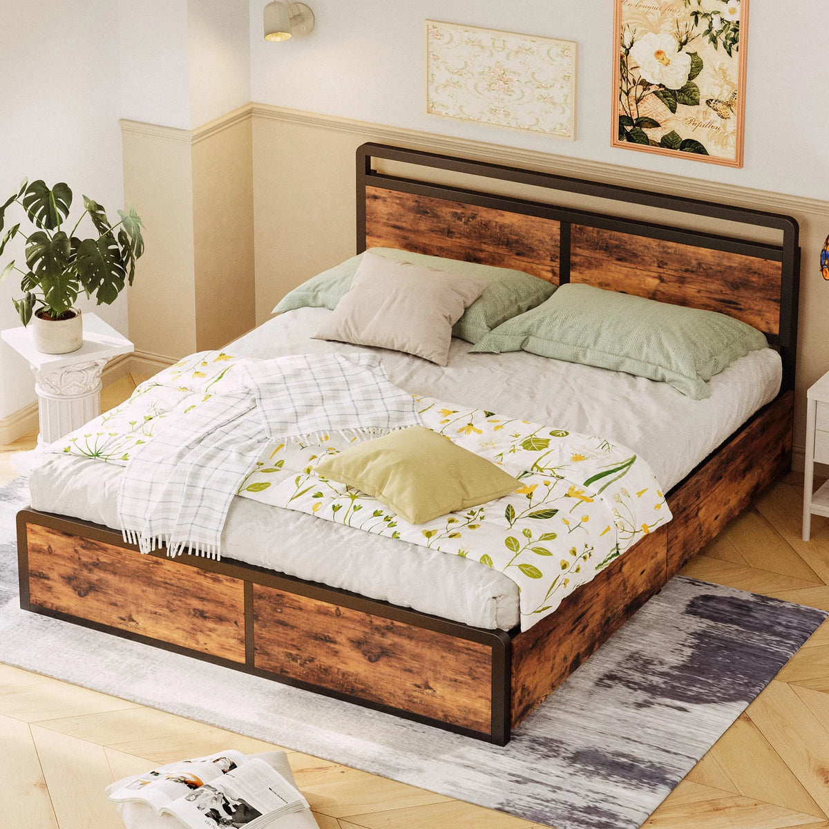 Queen Storage Bed Frame with Adjustable Headboard and 4 Drawers S127164
