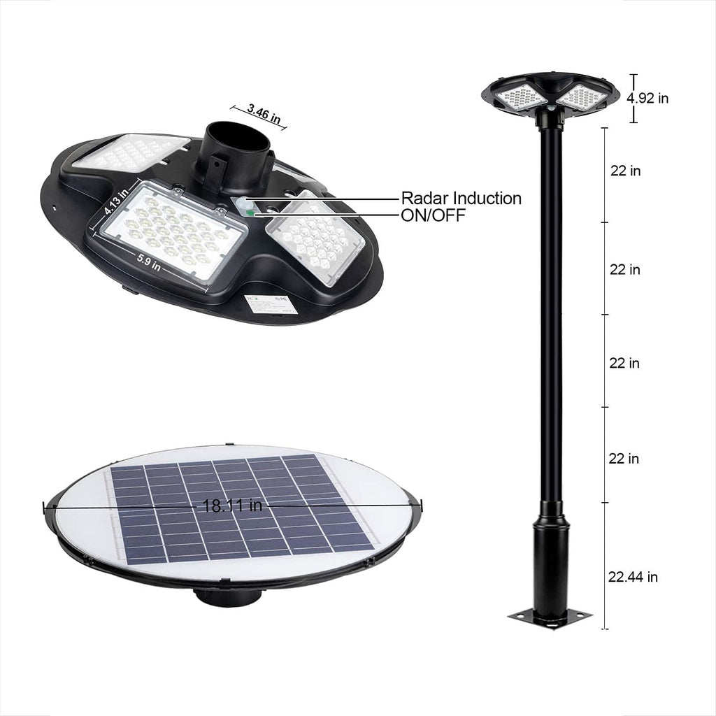 100W LED Solar Pole Light with 98 inch Pole IP65 Waterproof 6500K Auto Dusk to Dawn with Remote G44303