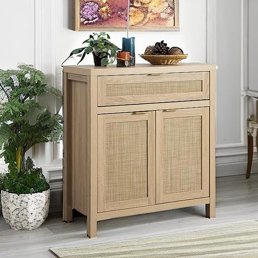 Rattan Storage Cabinet Set of 2 with Doors and Drawer Q6244