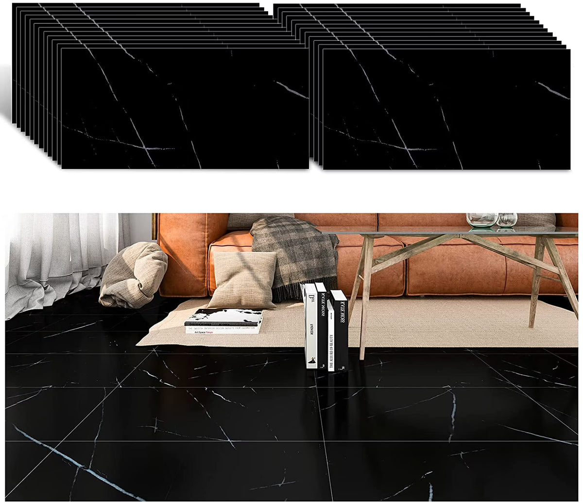 24-Pack Peel and Stick Vinyl Floor Tile 12"x24" Black Marble G4982