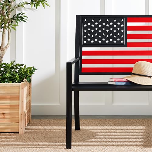2-Person Steel Indoor/Outdoor Bench with American Flag, 790lb Capacity - Black A382140