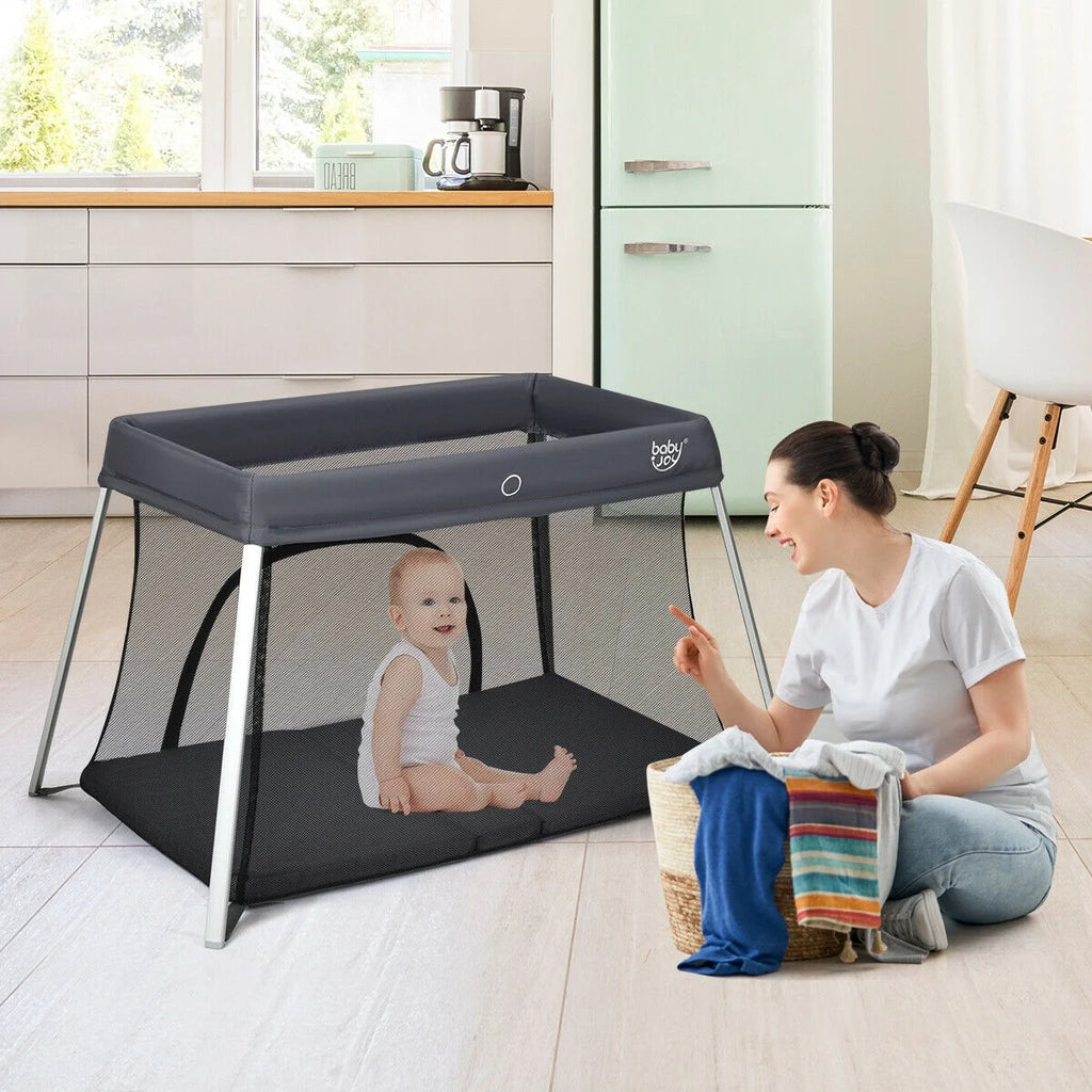 Foldable Baby Playpen Lightweight Crib with Carry Bag Dark Gray M708