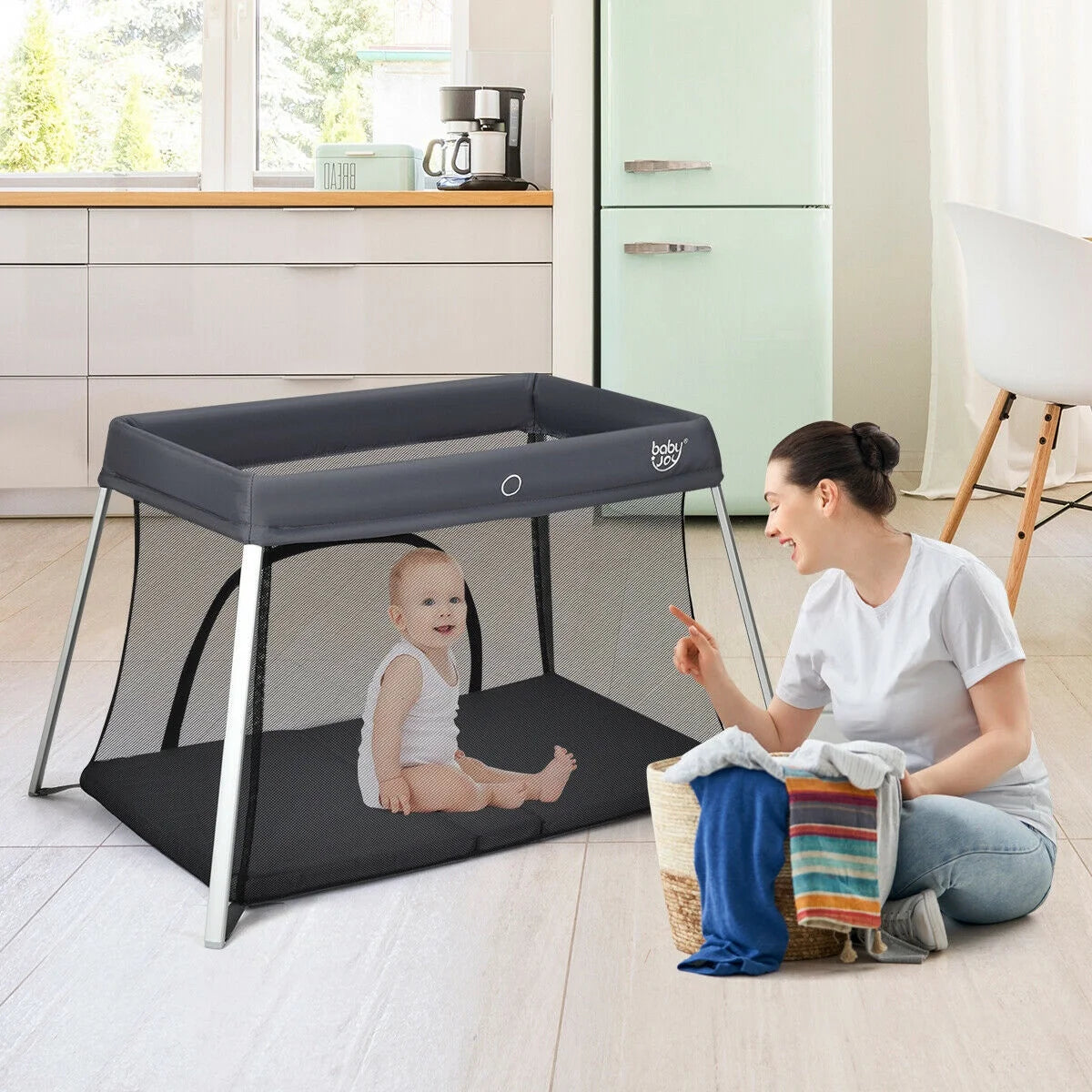 Foldable Baby Playpen Lightweight Crib with Carry Bag Dark Gray M708