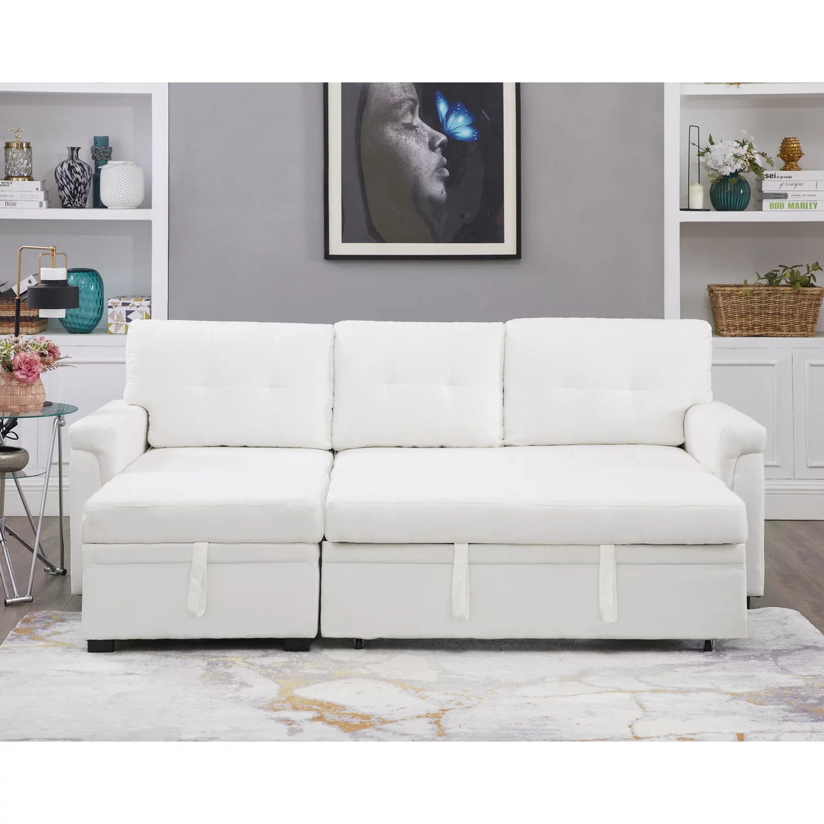 White Velvet L-Shaped Sleeper Sofa E869761