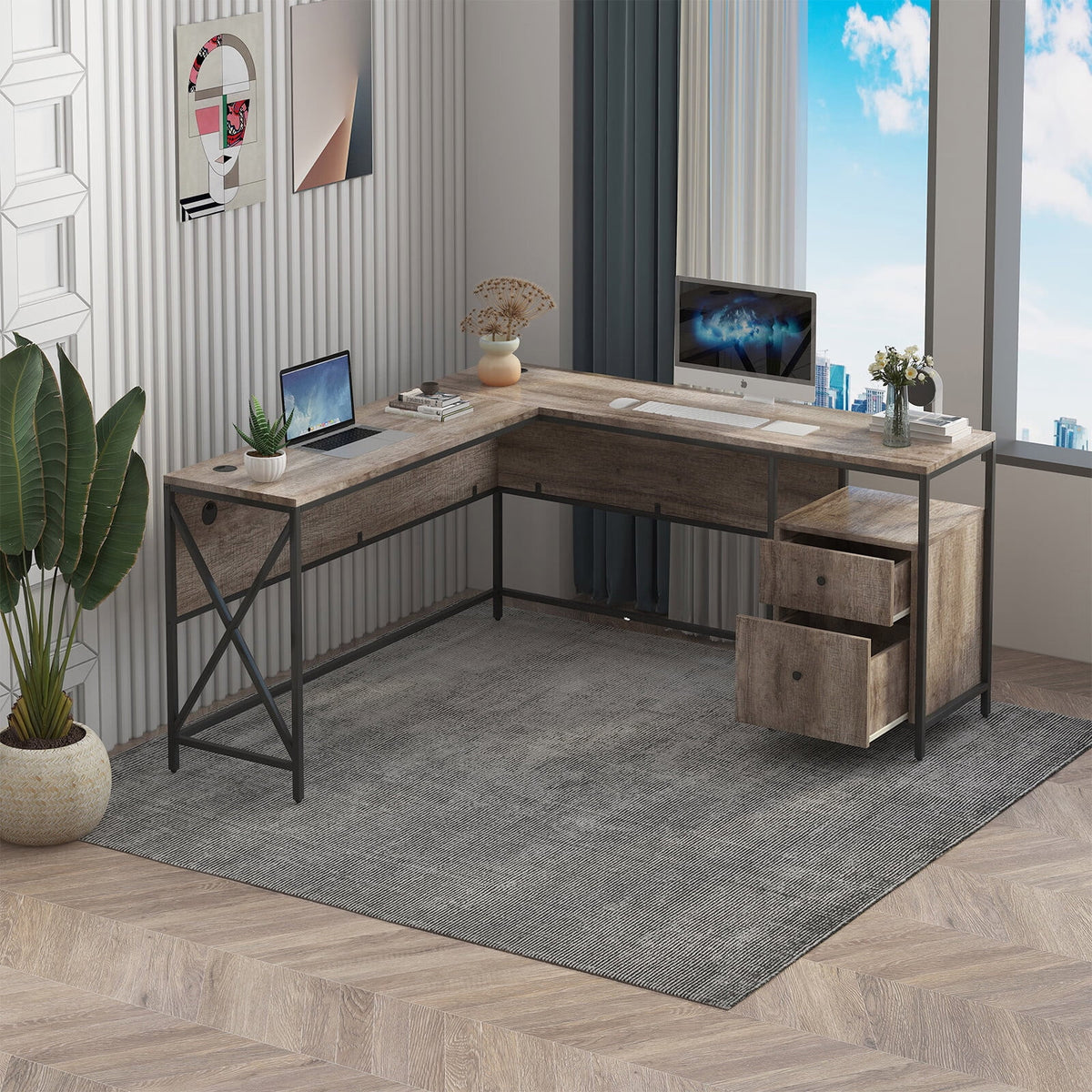 L Shape Computer Desk with Storage Drawers M3700