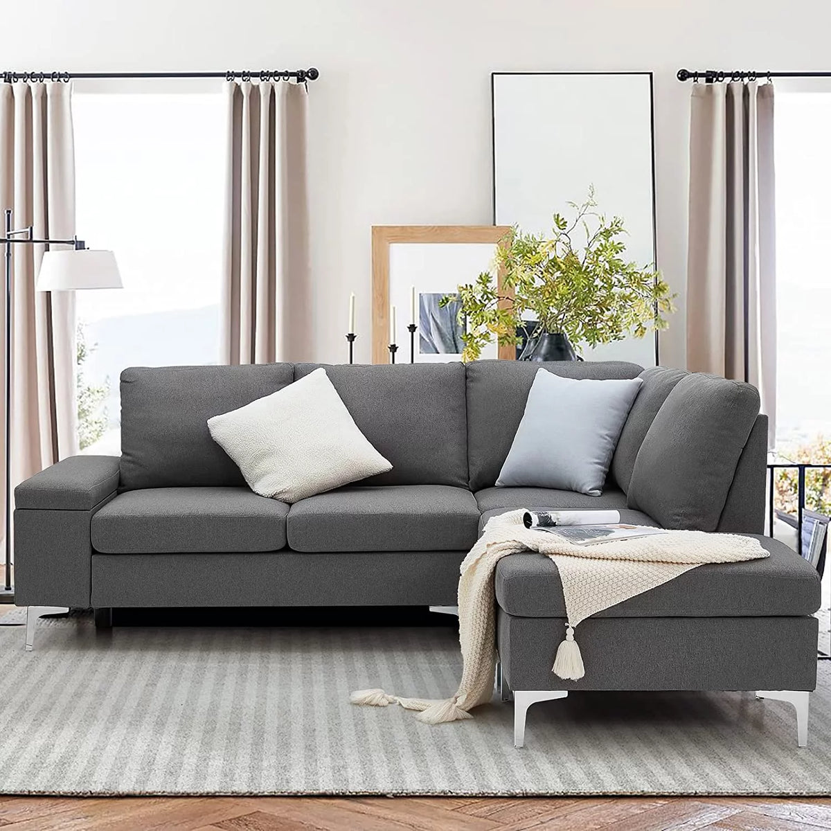 85.5" Right Facing Sectional Sofa with Ottoman in Gray E929