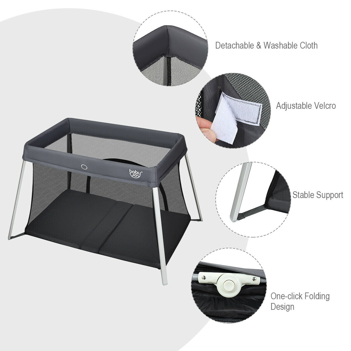 Foldable Baby Playpen Lightweight Crib with Carry Bag Dark Gray M708